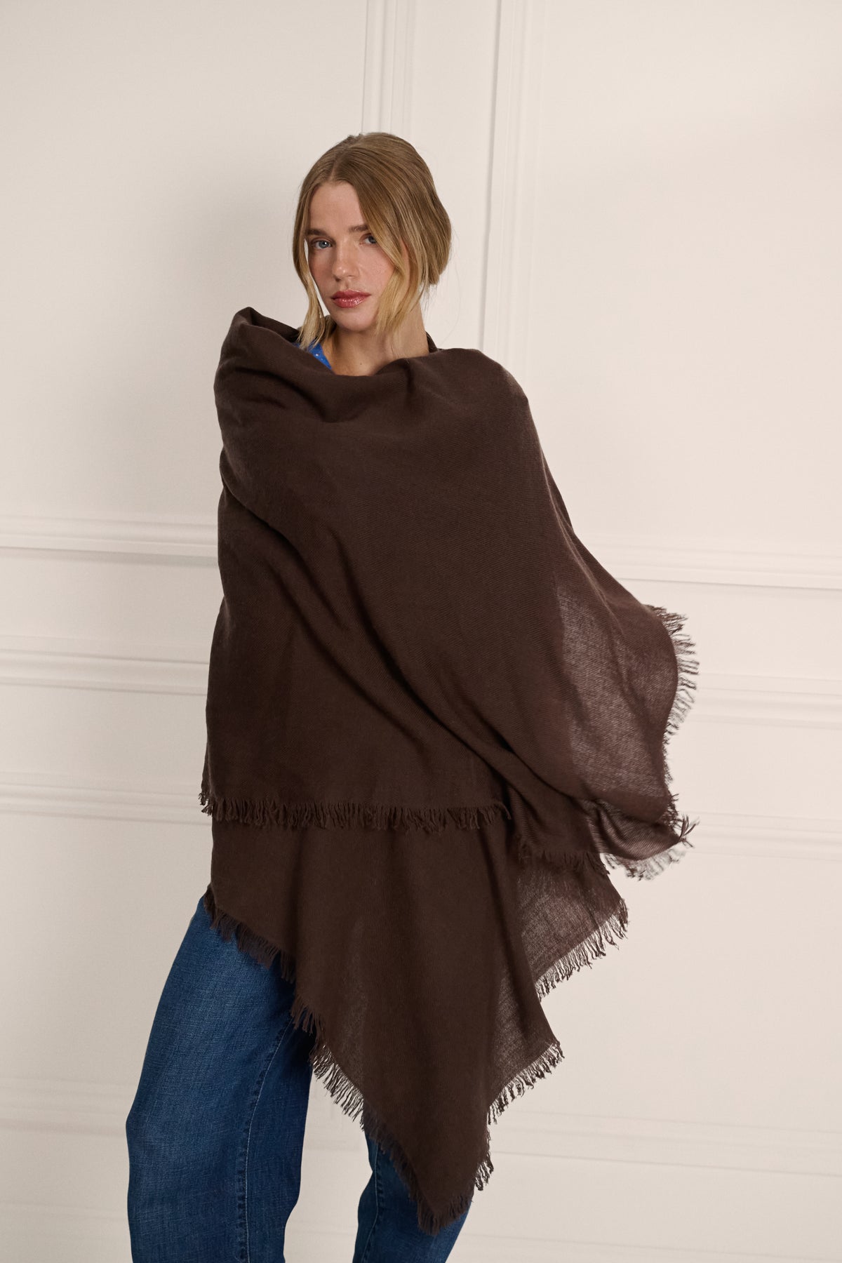 Frayed Edge Cashmere Shawl Chocolate
